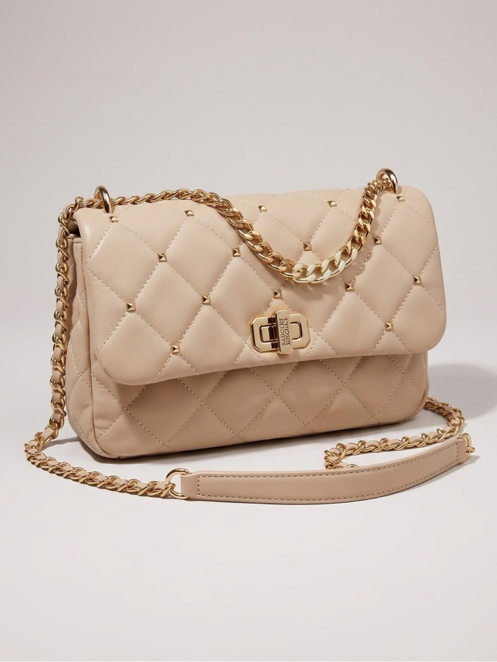 Badgley Mischka Quilted Beige Shoulder Bag with Gold Chain